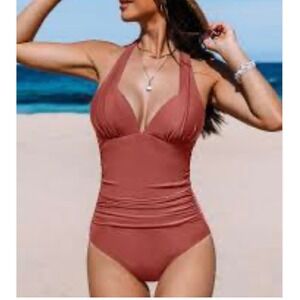 Cupshe Womens Ruched Halter One Piece Swimsuit Terracotta Orange ASL0103YB M